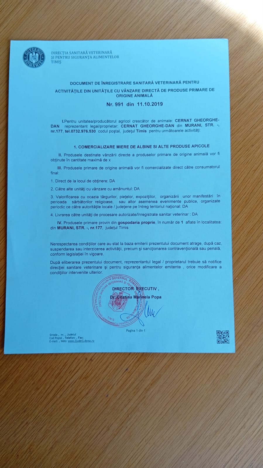 Document de înregistrare sanitară veterinară pentru stupină